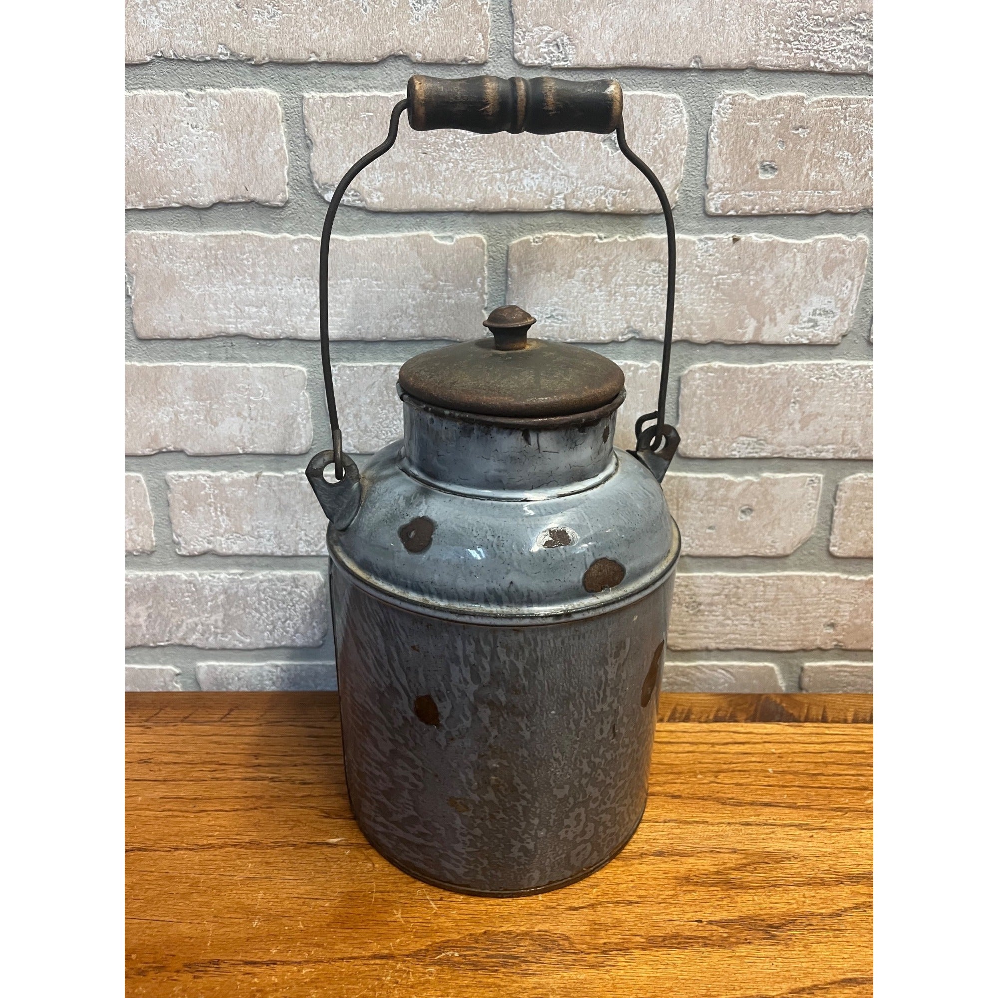 Antique Primitive Grey Graniteware / Enamelware Lidded Cream Pail/ Farmhouse / Kitchen Decor / Gray