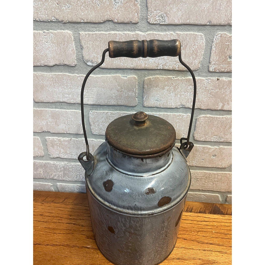 Antique Primitive Grey Graniteware / Enamelware Lidded Cream Pail/ Farmhouse / Kitchen Decor / Gray