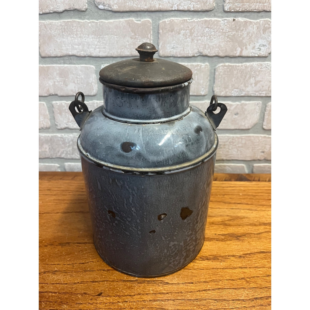 Antique Primitive Grey Graniteware / Enamelware Lidded Cream Pail/ Farmhouse / Kitchen Decor / Gray