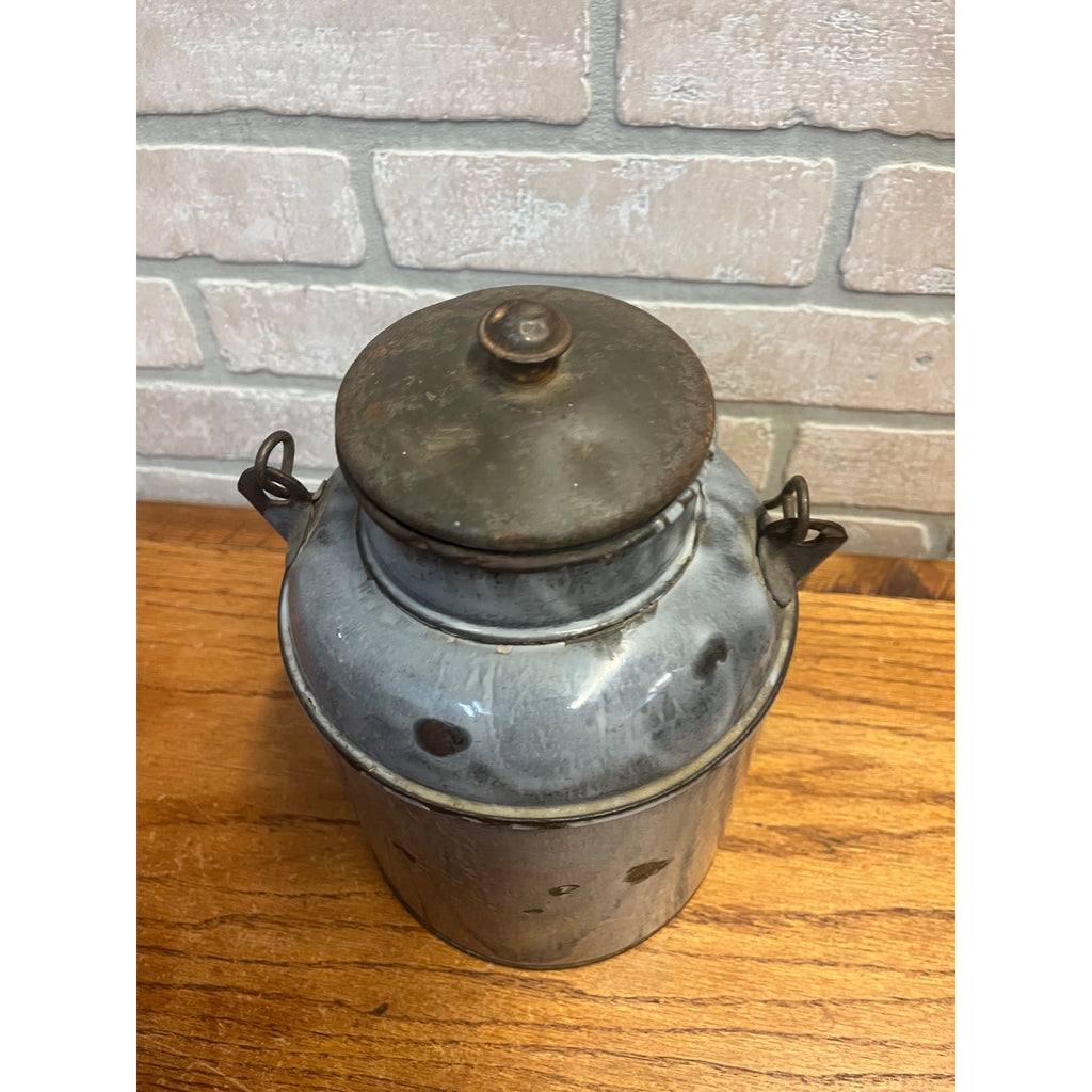 Antique Primitive Grey Graniteware / Enamelware Lidded Cream Pail/ Farmhouse / Kitchen Decor / Gray
