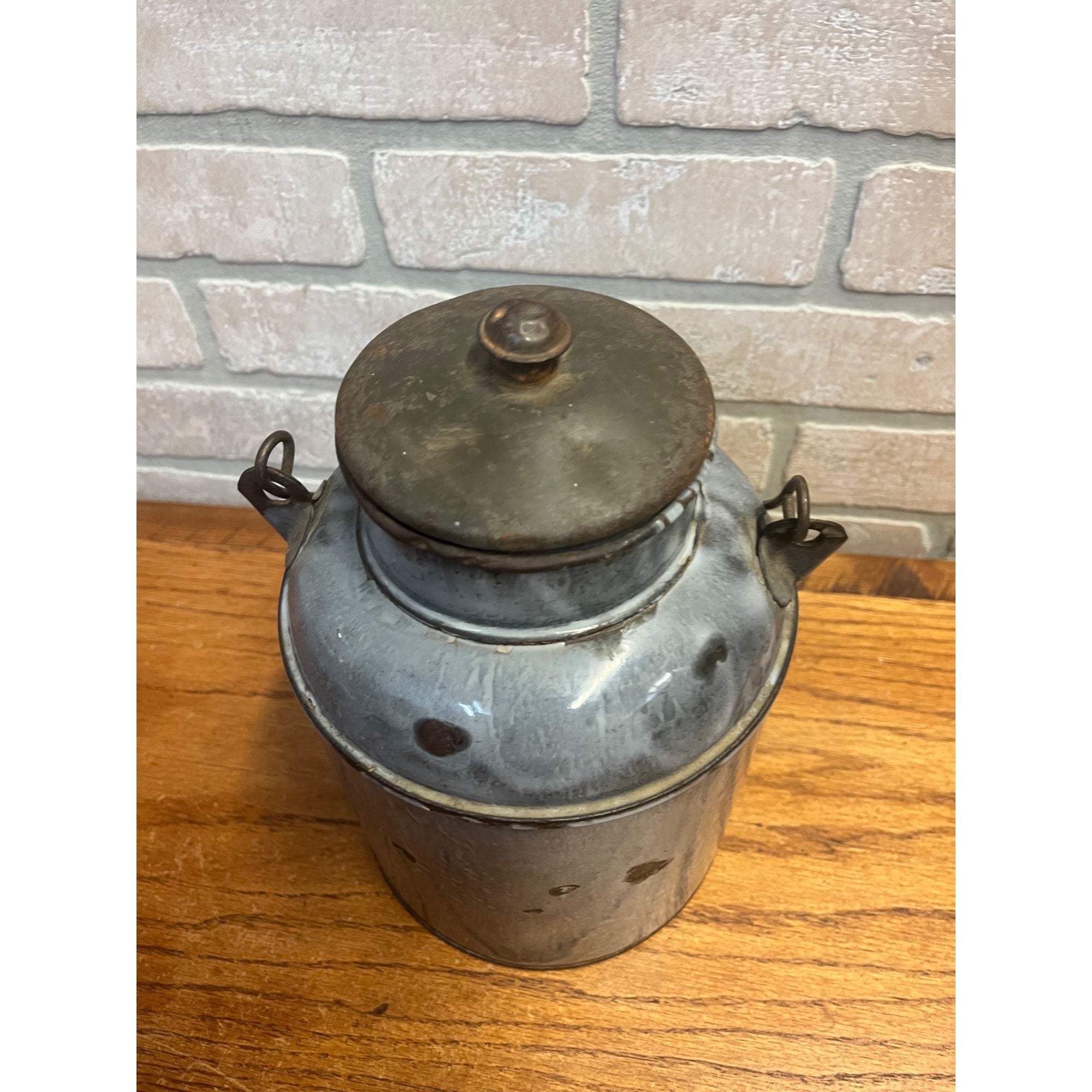 Antique Primitive Grey Graniteware / Enamelware Lidded Cream Pail/ Farmhouse / Kitchen Decor / Gray