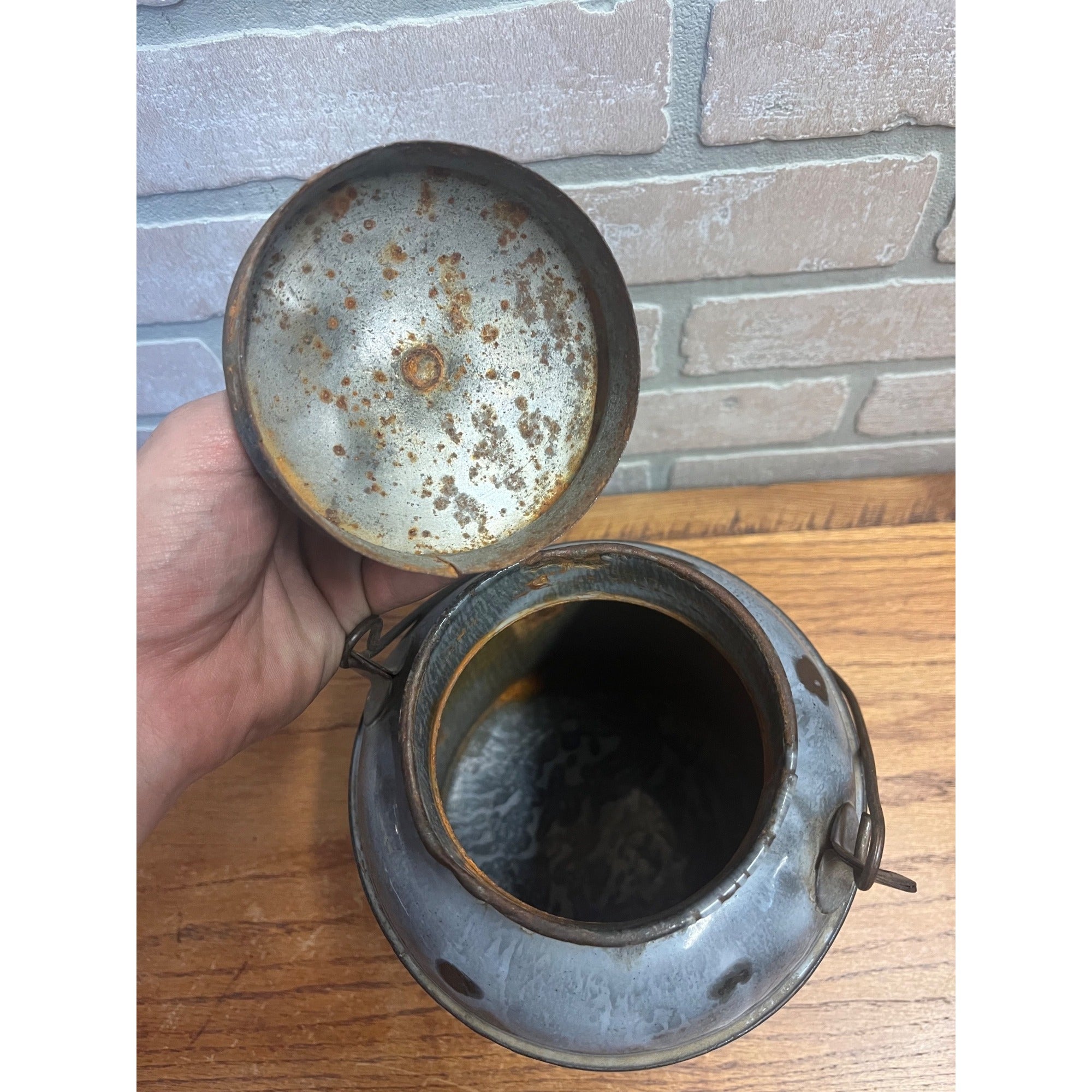 Antique Primitive Grey Graniteware / Enamelware Lidded Cream Pail/ Farmhouse / Kitchen Decor / Gray