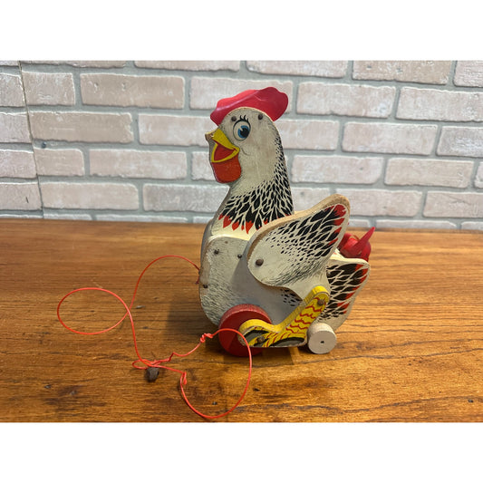 Vintage Fisher Price "The Cackling Hen" Wooden Chicken Pull Toy #120 Working