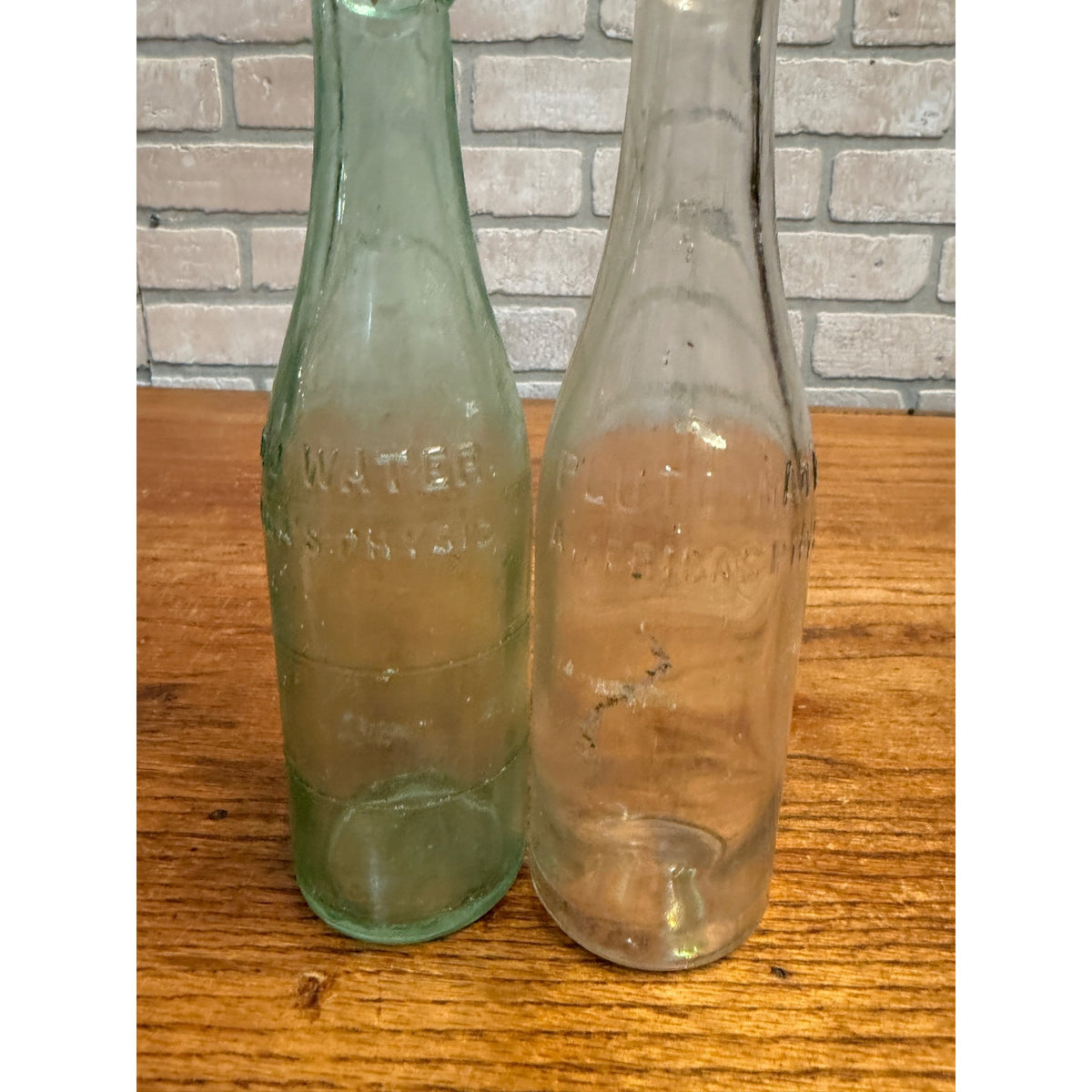 Vintage Pair of Pluto Water Science Glass Bottles Aqua Clear Physic