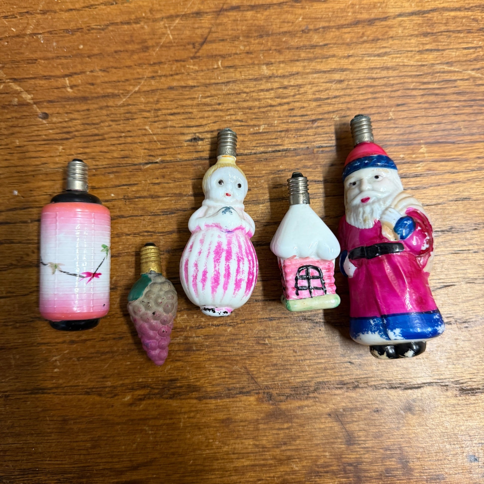 Vintage Christmas C6 Figural Glass Light Bulbs Santa, Chinese Lantern - Works!
