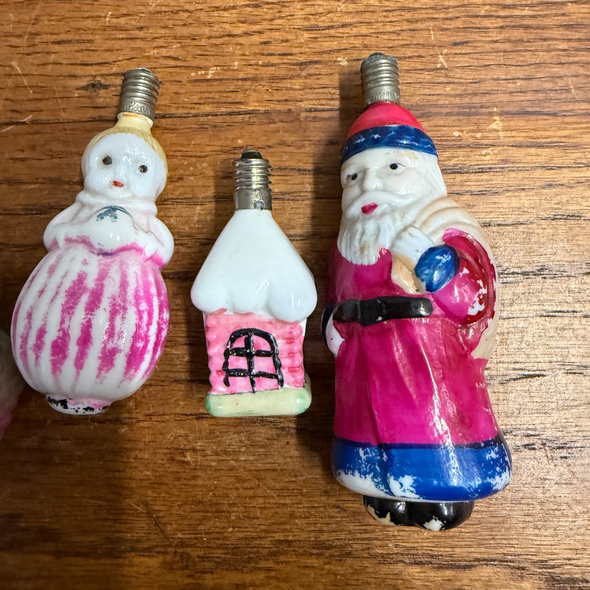 Vintage Christmas C6 Figural Glass Light Bulbs Santa, Chinese Lantern - Works!