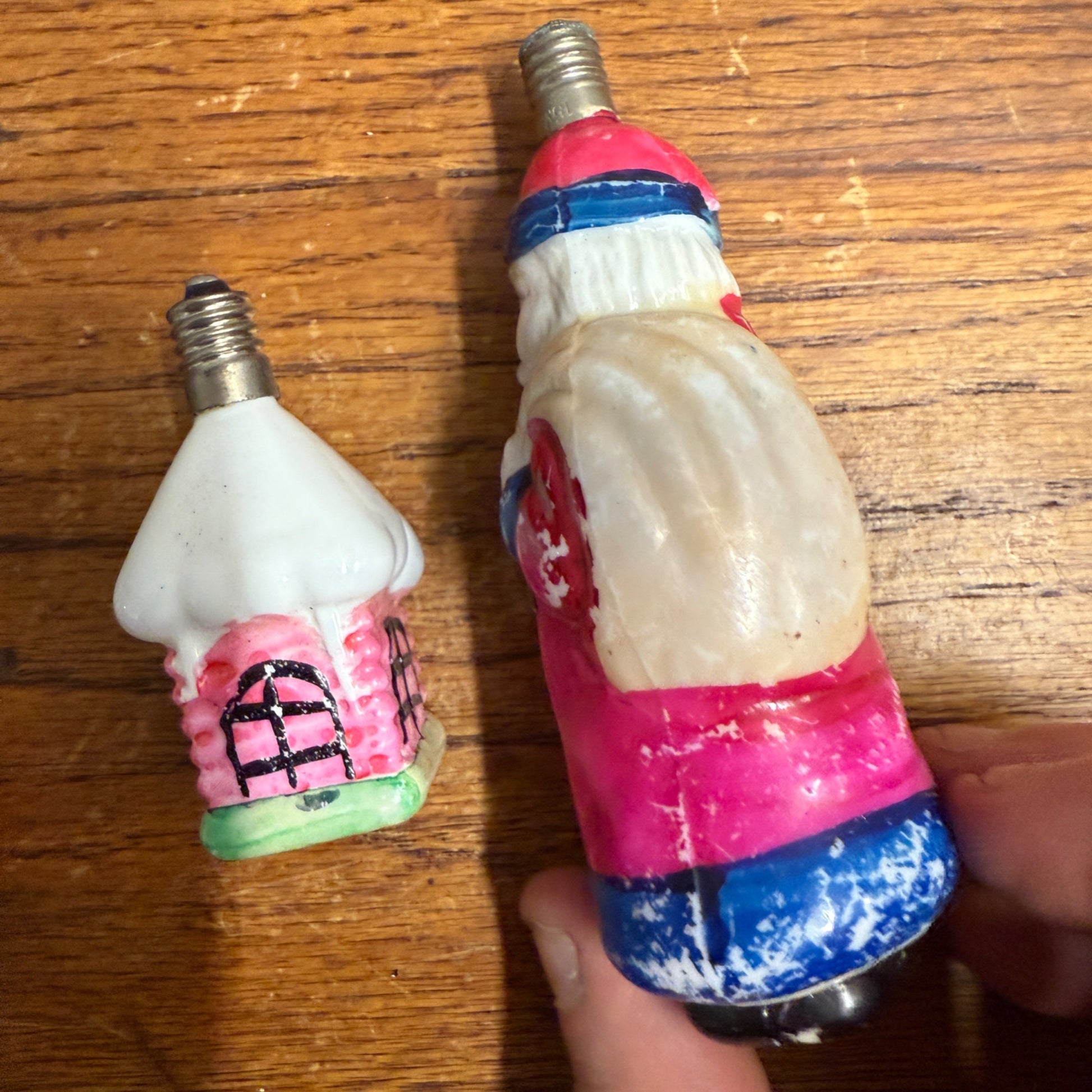 Vintage Christmas C6 Figural Glass Light Bulbs Santa, Chinese Lantern - Works!