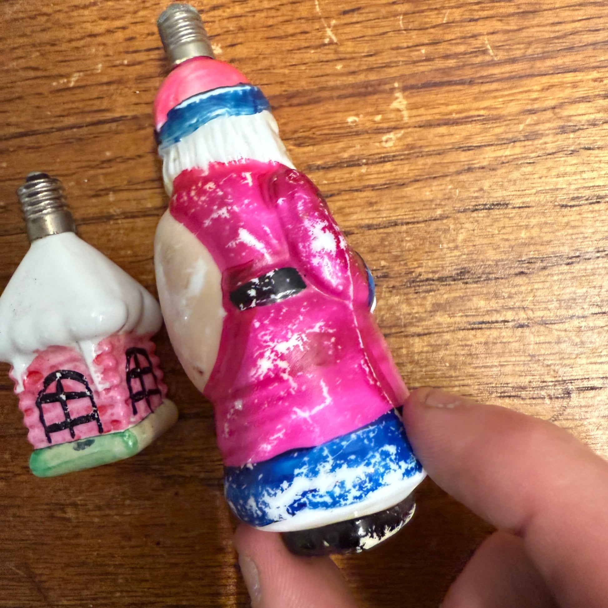 Vintage Christmas C6 Figural Glass Light Bulbs Santa, Chinese Lantern - Works!