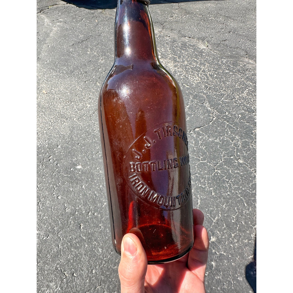 SCARCE Pre-Pro 1890s JJ Tirschel Bottling Works Iron Mountain Mich. Beer Bottle Amber
