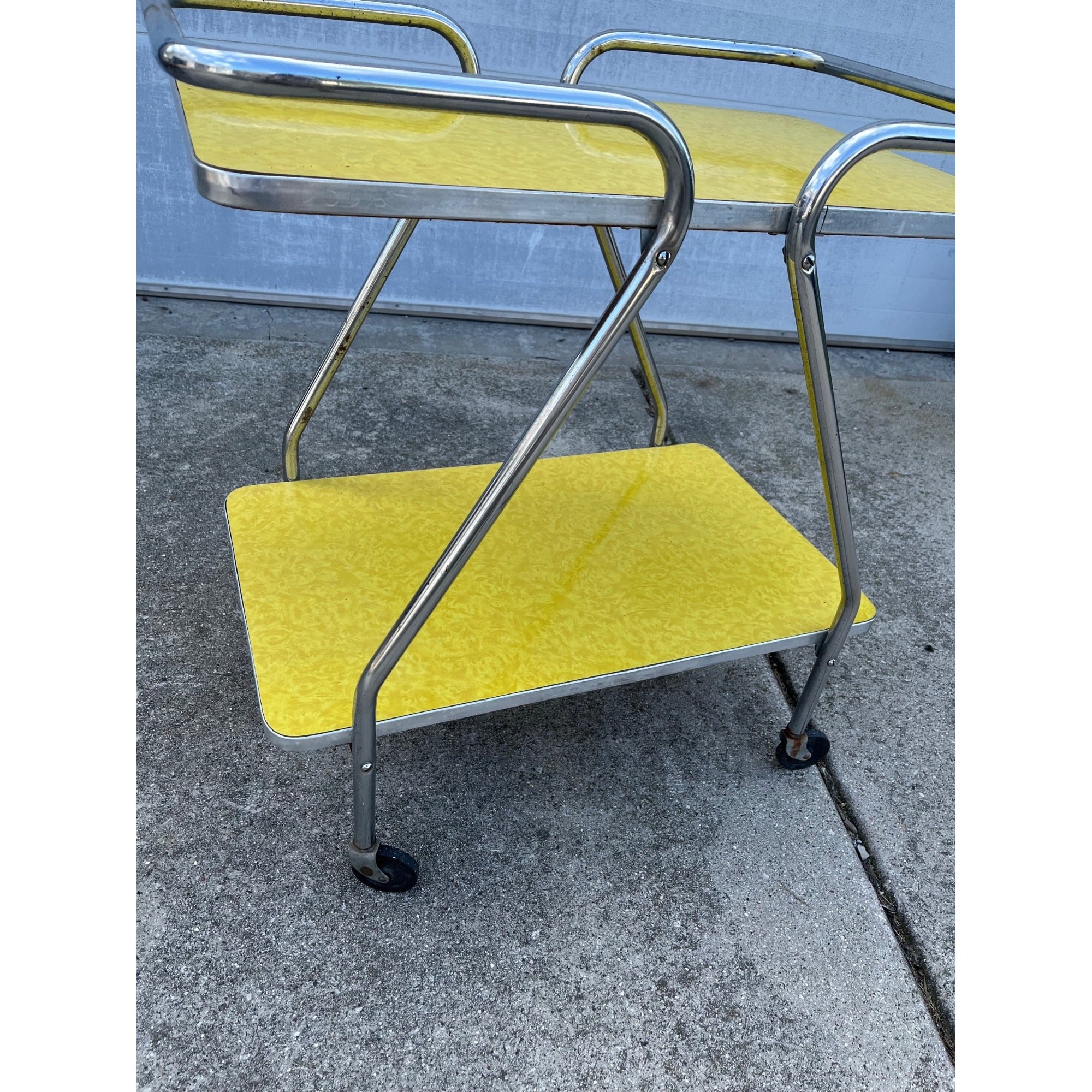 Vintage 1960s MCM Yellow Formica Bar Cart Rolling Beverage Table w/ Casters