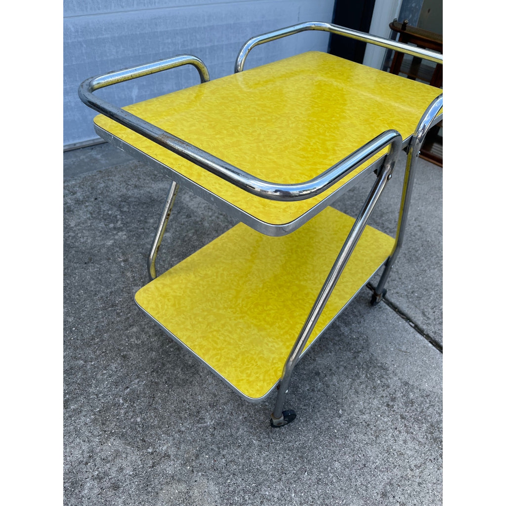 Vintage 1960s MCM Yellow Formica Bar Cart Rolling Beverage Table w/ Casters