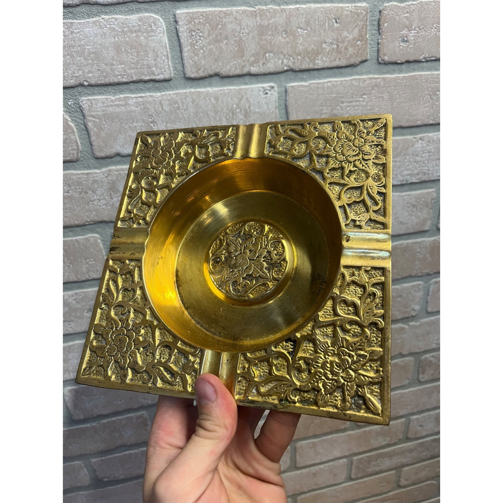 Vintage Brass Orante Floral Coffee Table Cigar Ashtray Square Mid Century