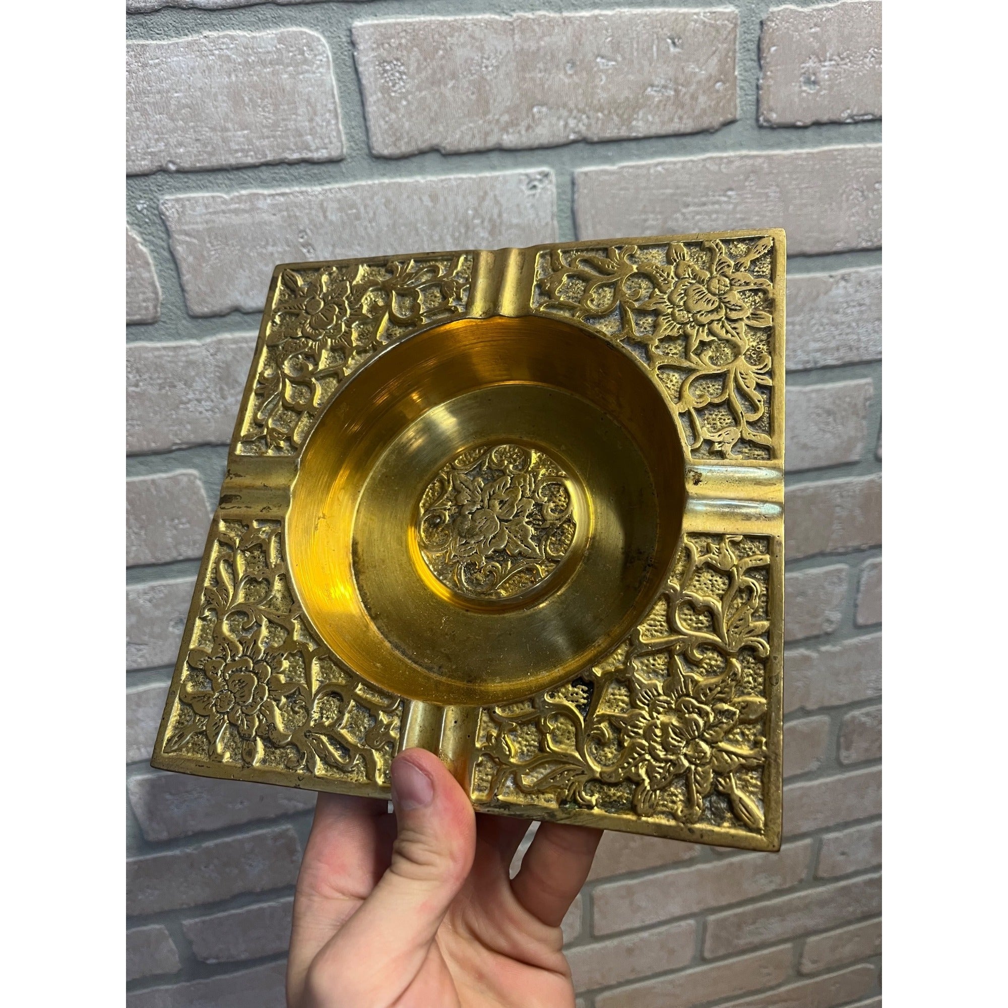 Vintage Brass Orante Floral Coffee Table Cigar Ashtray Square Mid Century