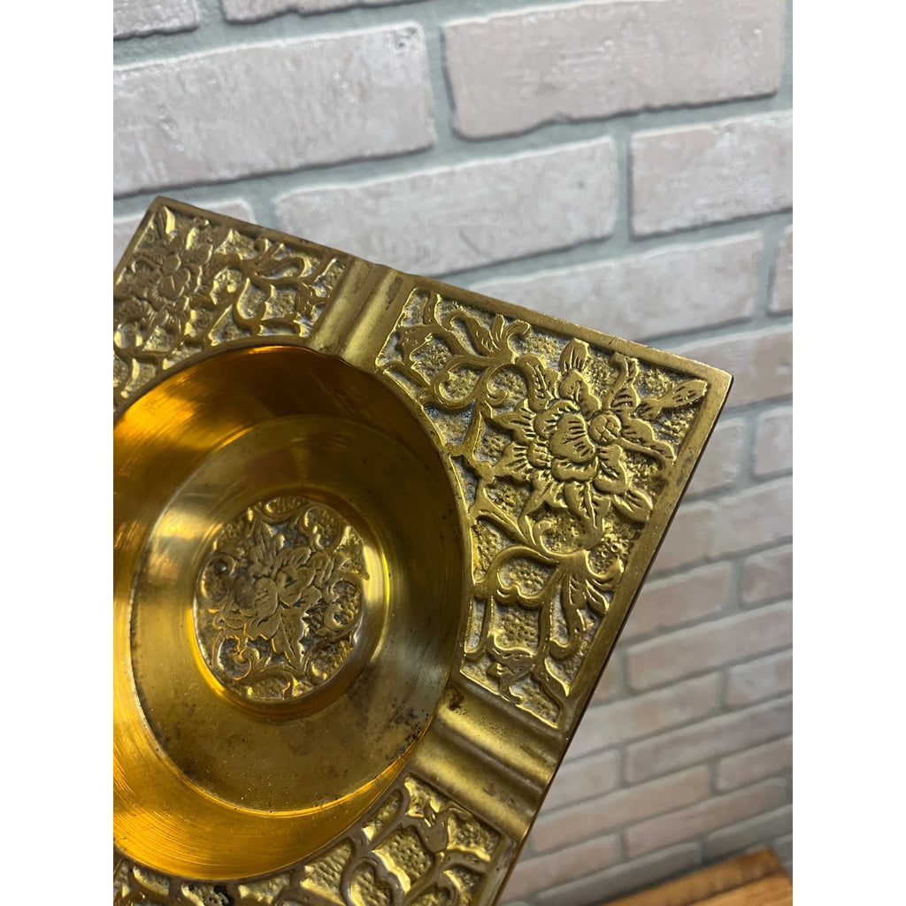 Vintage Brass Orante Floral Coffee Table Cigar Ashtray Square Mid Century