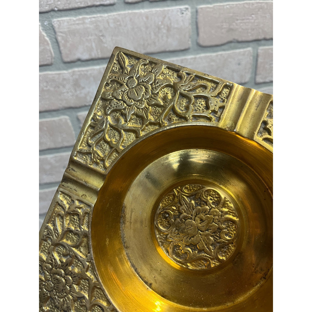 Vintage Brass Orante Floral Coffee Table Cigar Ashtray Square Mid Century