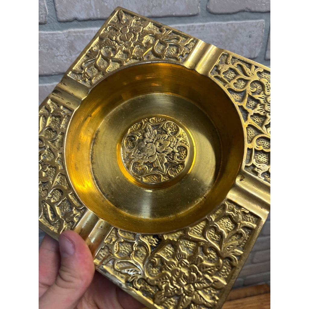 Vintage Brass Orante Floral Coffee Table Cigar Ashtray Square Mid Century