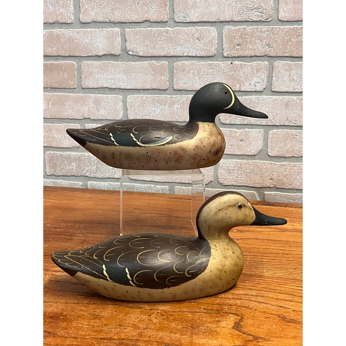 Vintage Art Bergman Pair Blue-Winged Teal Wooden Duck Decoys Van Dyne WI Wis