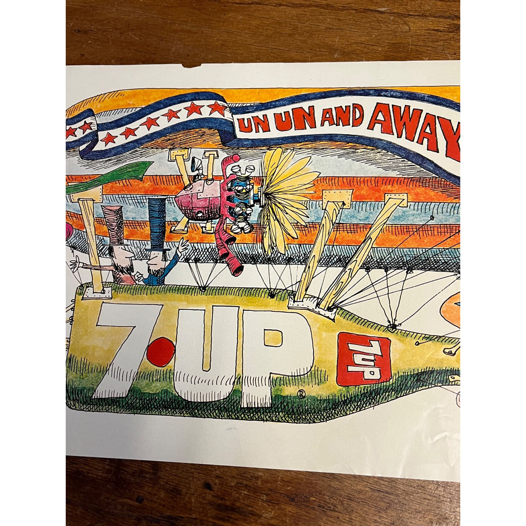 Original Vintage 1970s 7UP "Un Un and Away" Bob Taylor Seven-Up Poster 21" x 11"