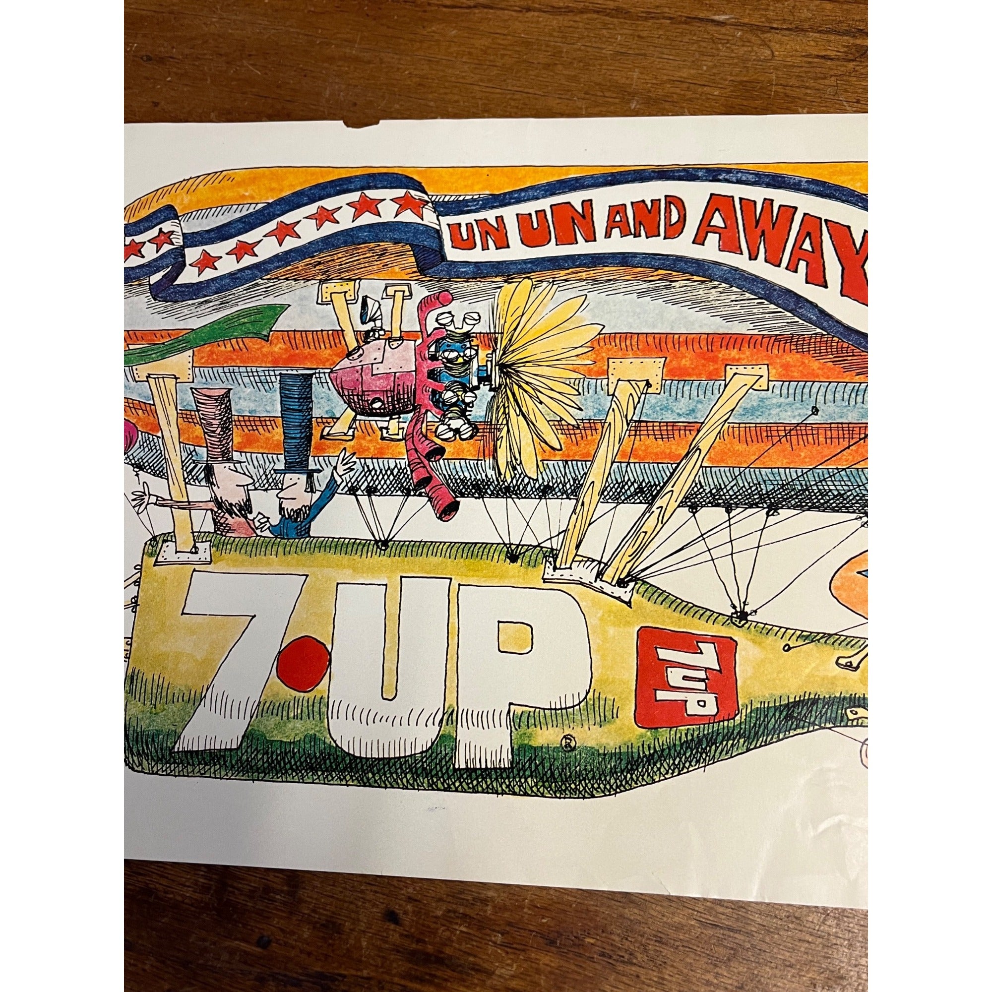 Original Vintage 1970s 7UP "Un Un and Away" Bob Taylor Seven-Up Poster 21" x 11"