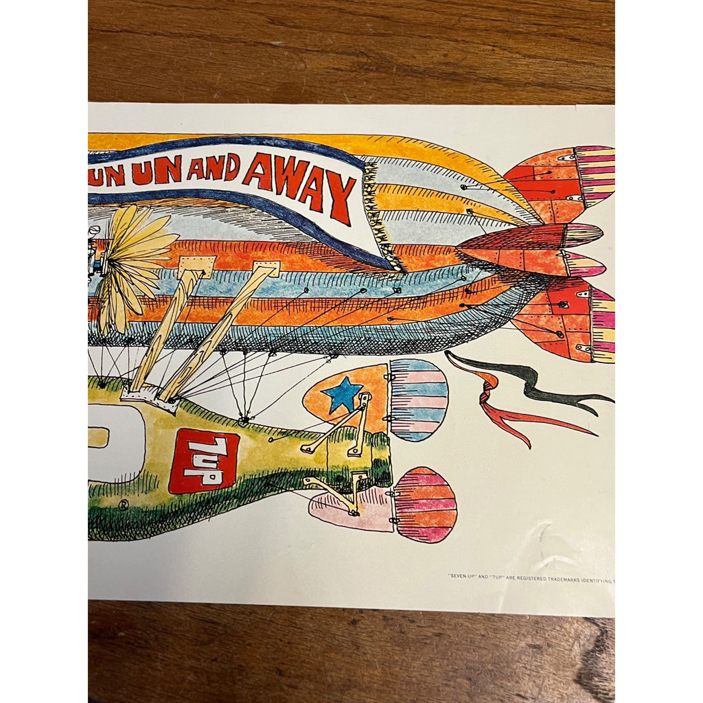Original Vintage 1970s 7UP "Un Un and Away" Bob Taylor Seven-Up Poster 21" x 11"