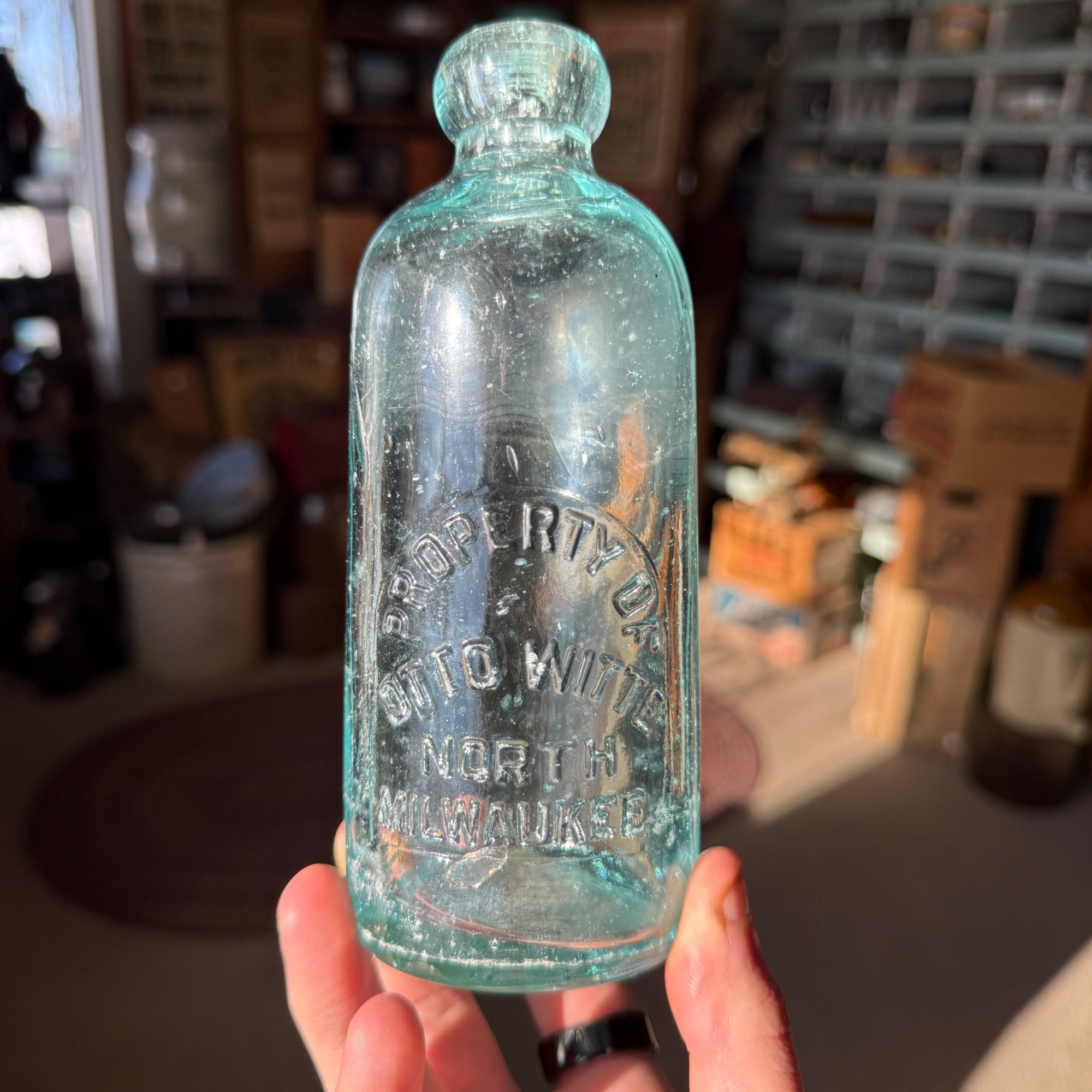 Vintage Otto Witte North Milwaukee Hutchinson Glass Soda Bottle Blue Wisconsin