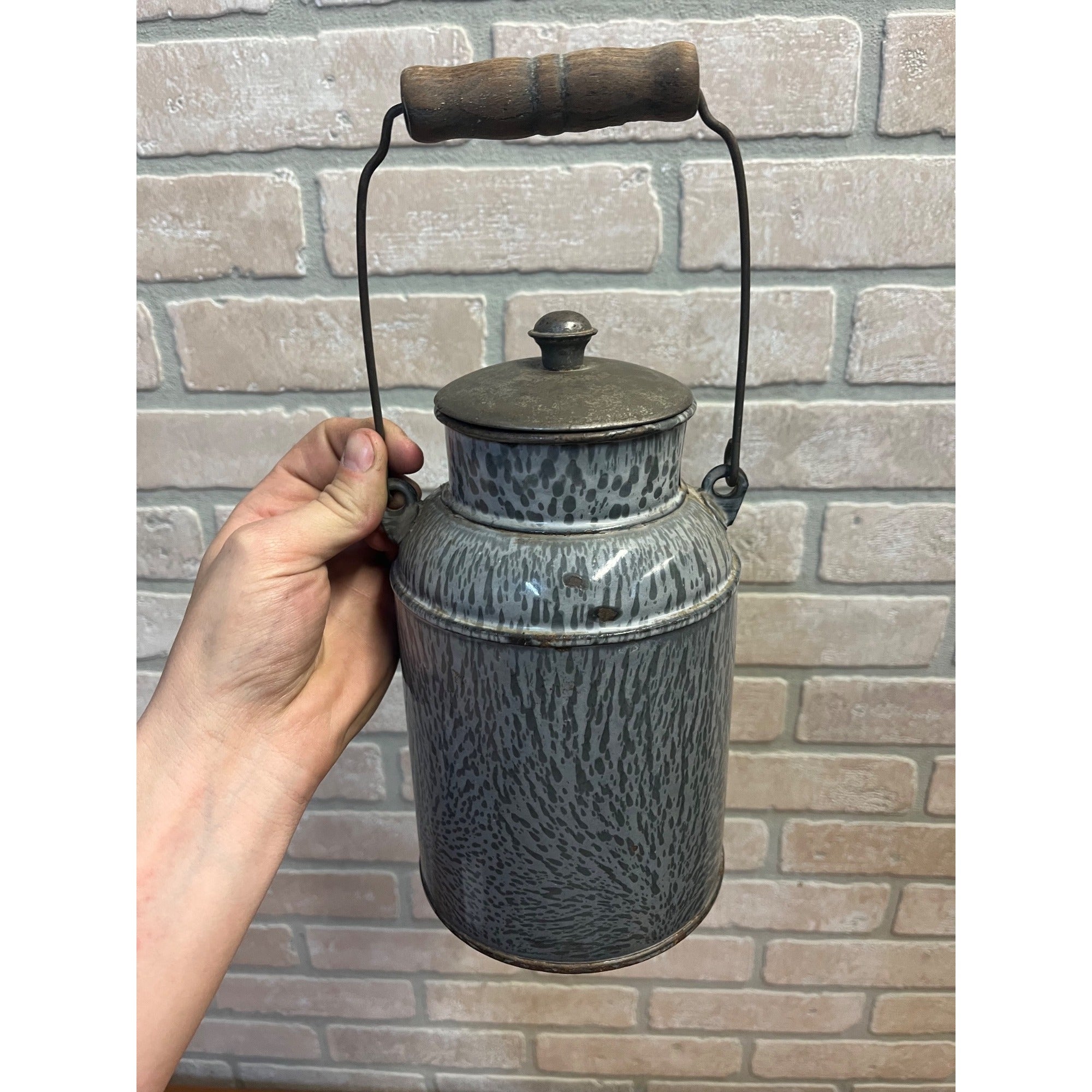 Antique Primitive Grey Graniteware / Enamelware Lidded Cream Pail/ Farmhouse / Kitchen Decor / Gray
