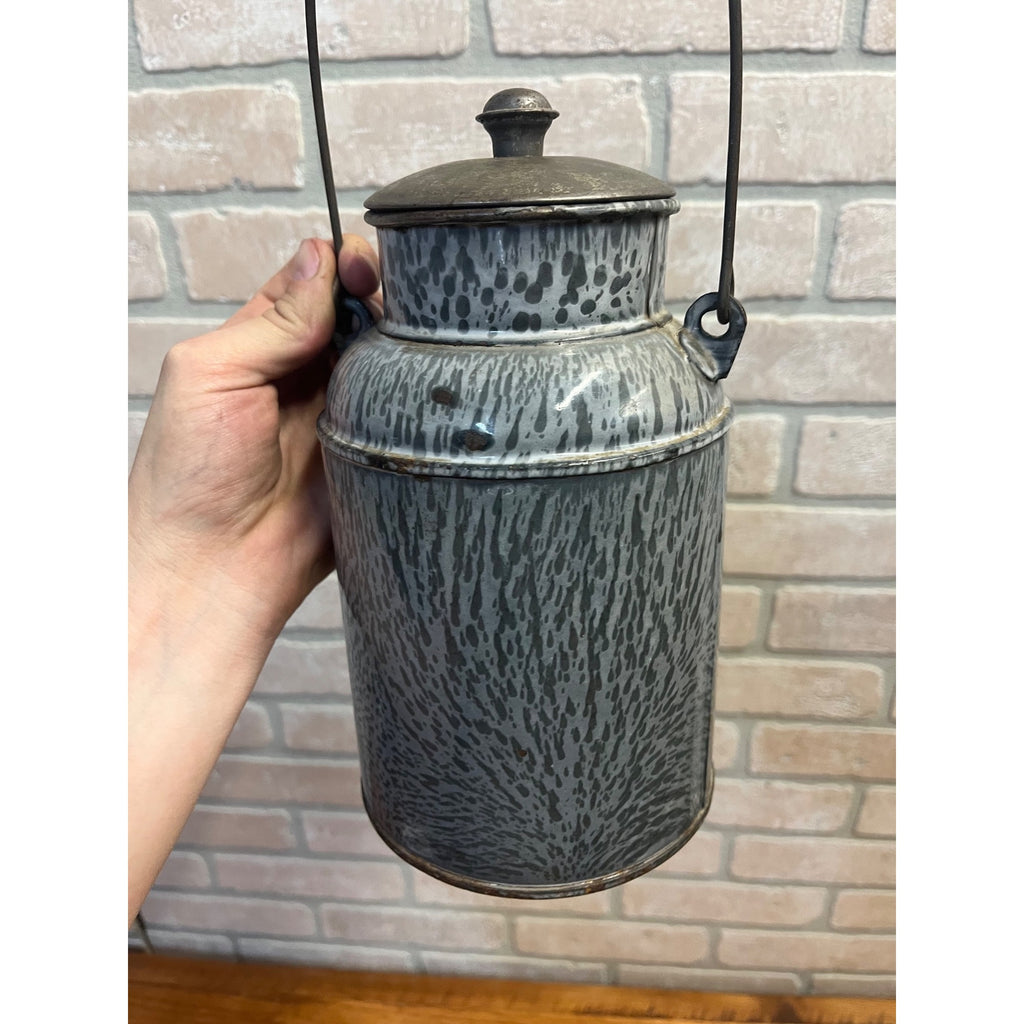 Antique Primitive Grey Graniteware / Enamelware Lidded Cream Pail/ Farmhouse / Kitchen Decor / Gray