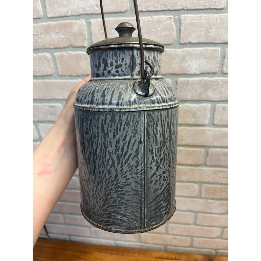 Antique Primitive Grey Graniteware / Enamelware Lidded Cream Pail/ Farmhouse / Kitchen Decor / Gray