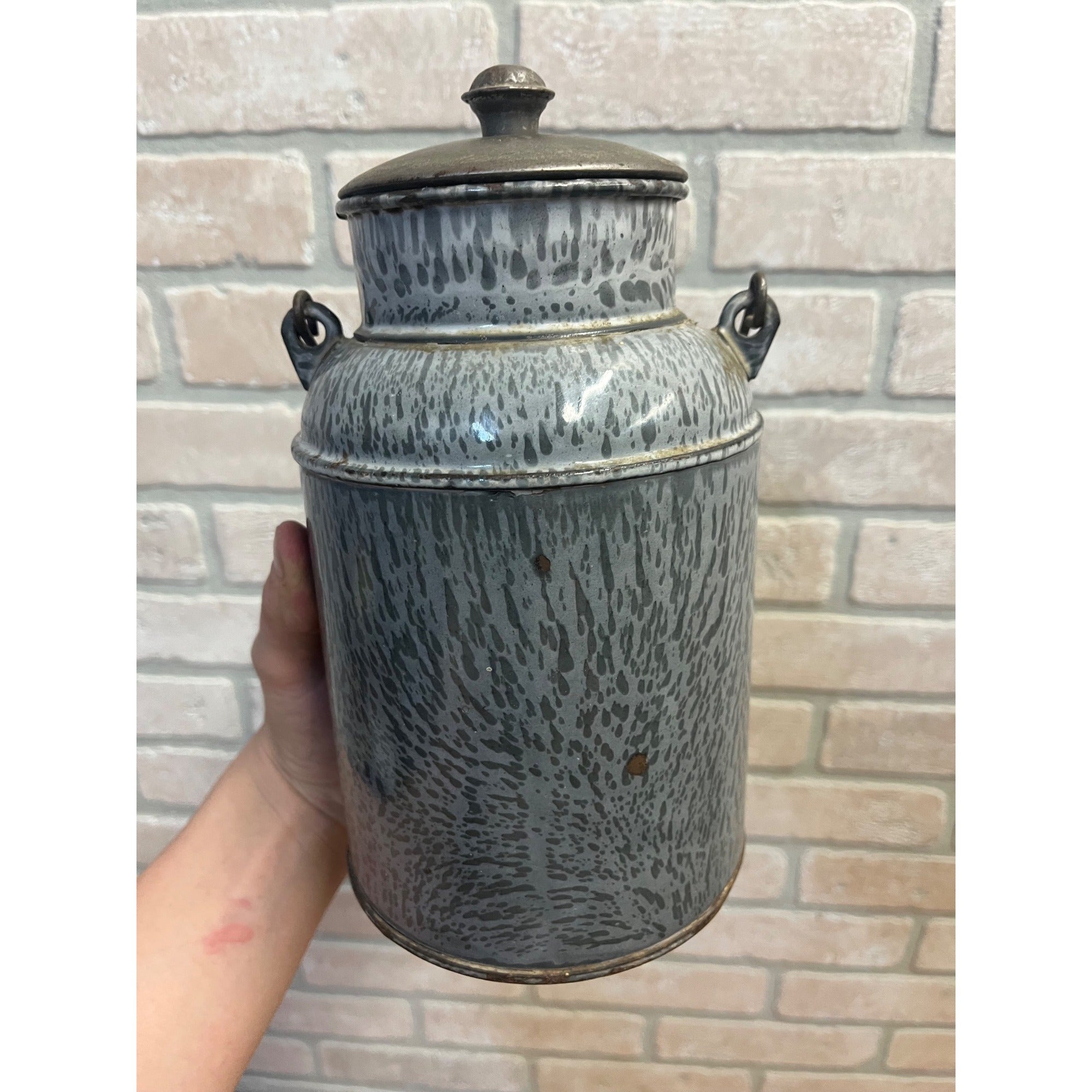 Antique Primitive Grey Graniteware / Enamelware Lidded Cream Pail/ Farmhouse / Kitchen Decor / Gray