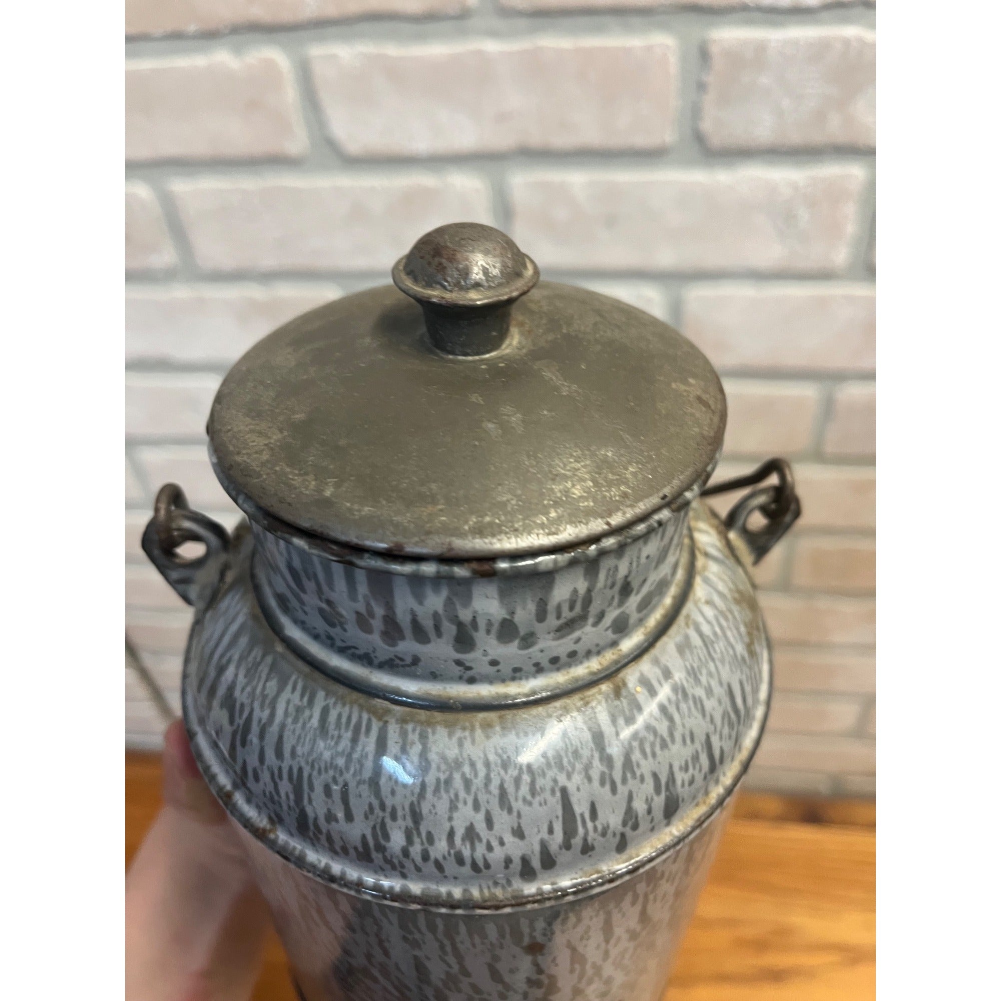 Antique Primitive Grey Graniteware / Enamelware Lidded Cream Pail/ Farmhouse / Kitchen Decor / Gray
