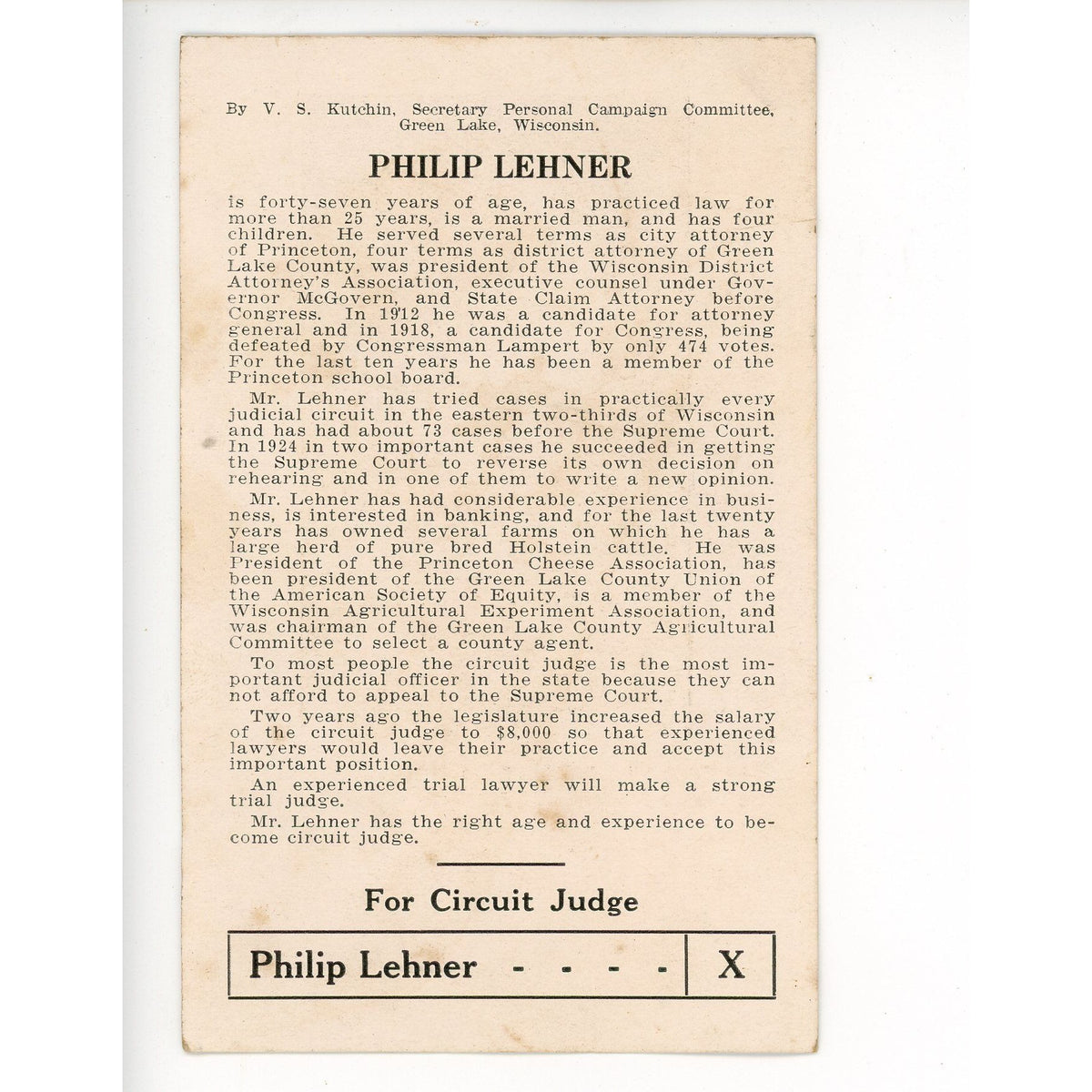 Antique Philip Lehner Princeton Wisconsin Judge Call Card Business