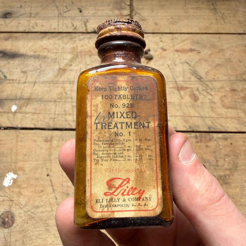 Antique Eli Lilly Mixed Treatment Pharmacy Bottle Arsenic Mercury w/ Contents