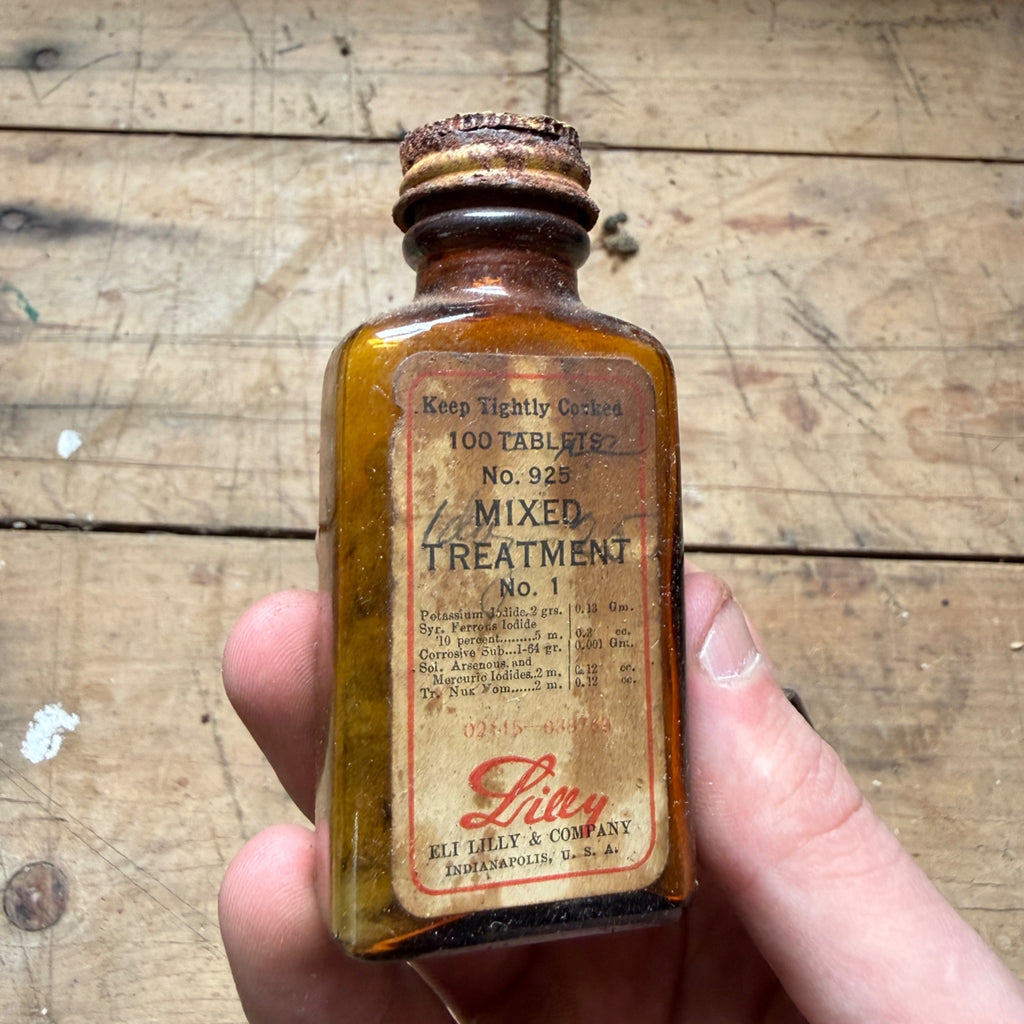Antique Eli Lilly Mixed Treatment Pharmacy Bottle Arsenic Mercury w/ Contents