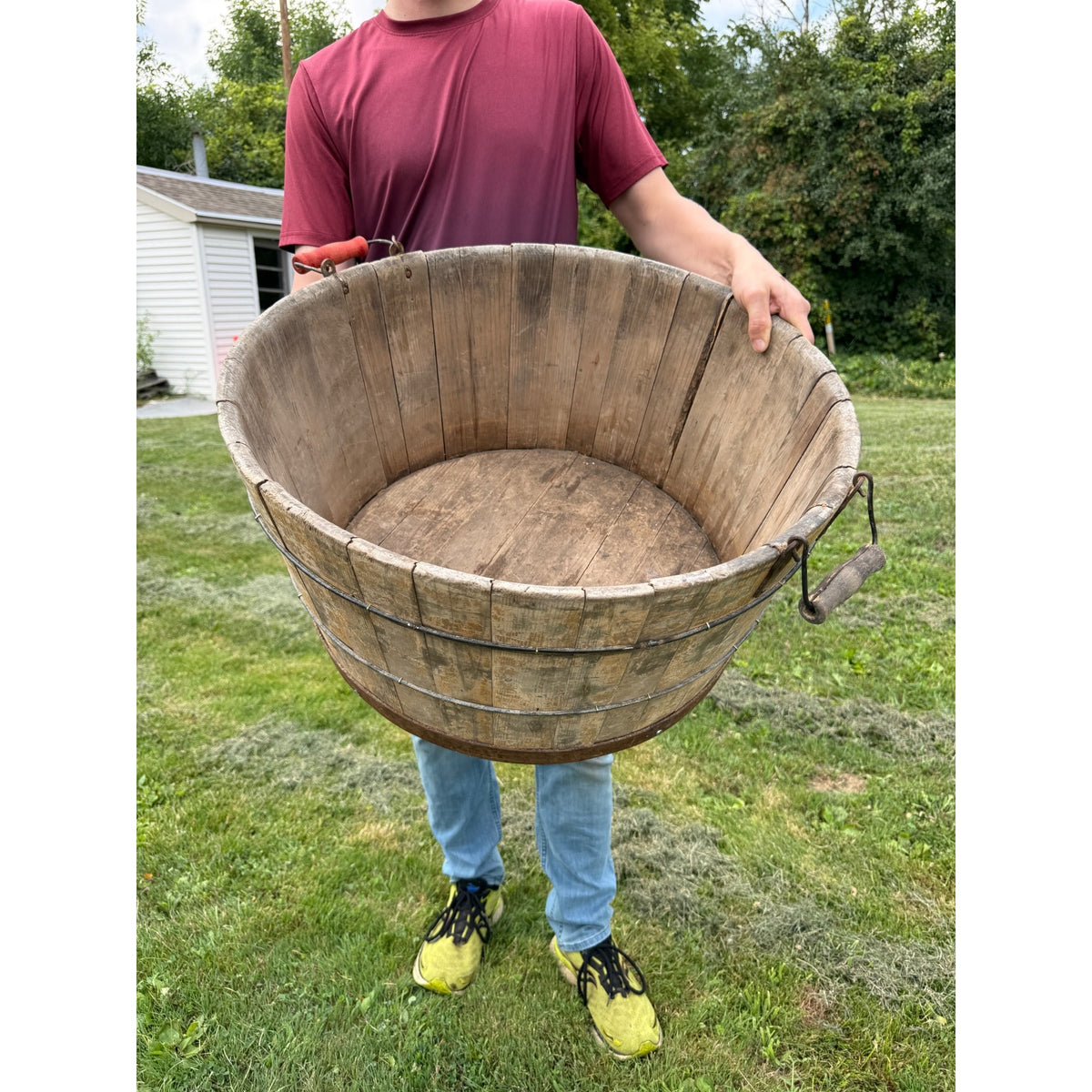 Antique Primitive Wooden Sausage Maker's Tub Basin Wood Stave Farmhouse Original Paint AAFA