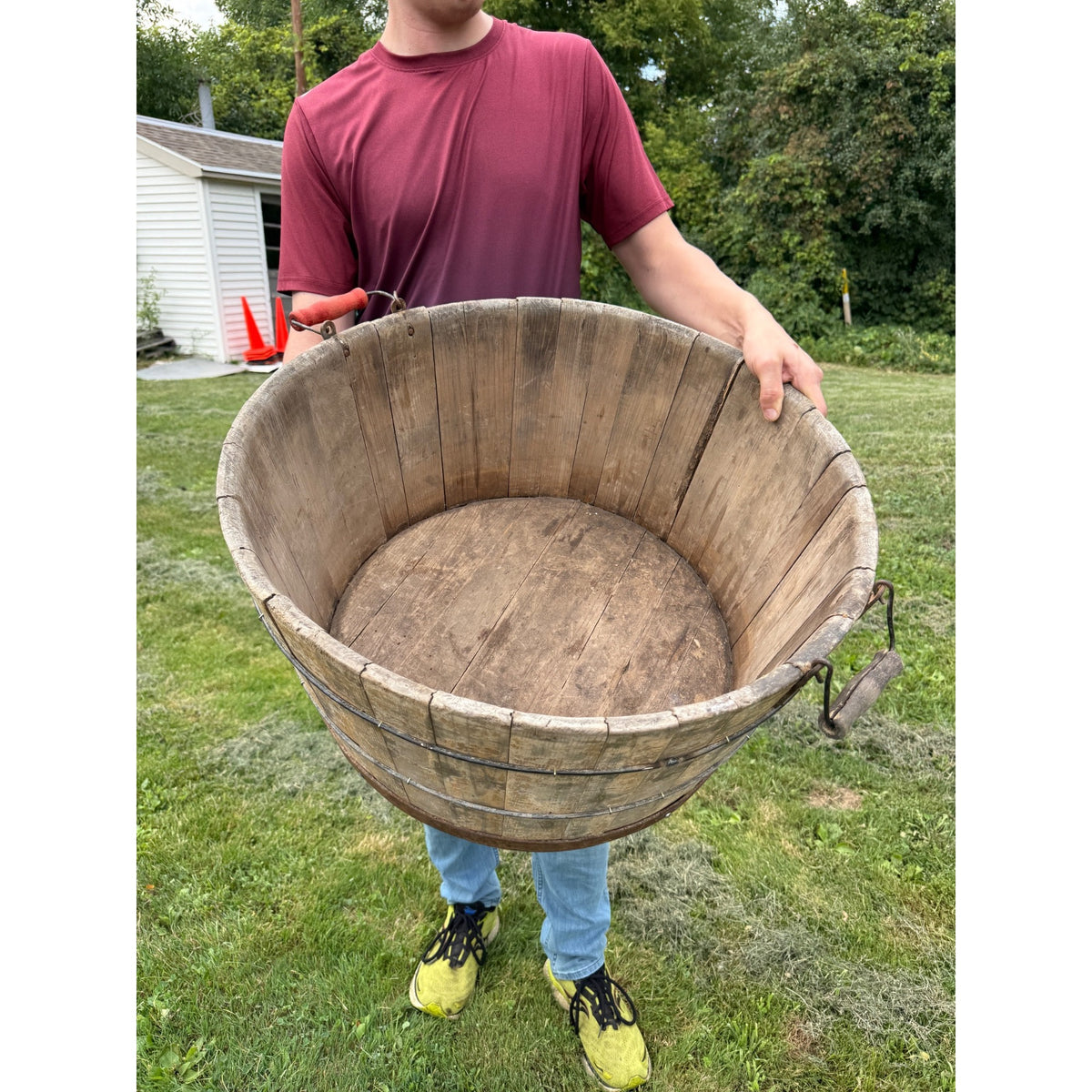 Antique Primitive Wooden Sausage Maker's Tub Basin Wood Stave Farmhouse Original Paint AAFA