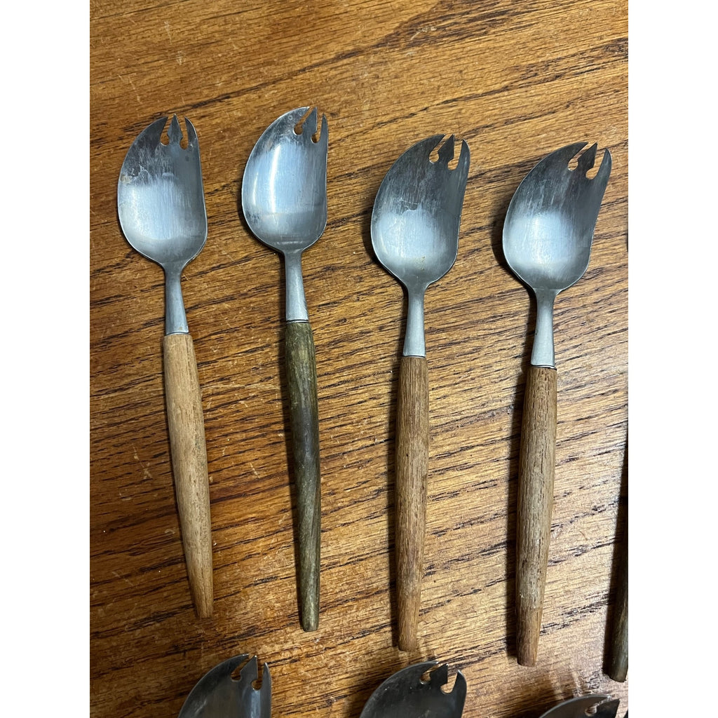 Lot of 8 Vintage MCM Stainless Steel Otagiri Japanese Salad Serving Spoons Wood