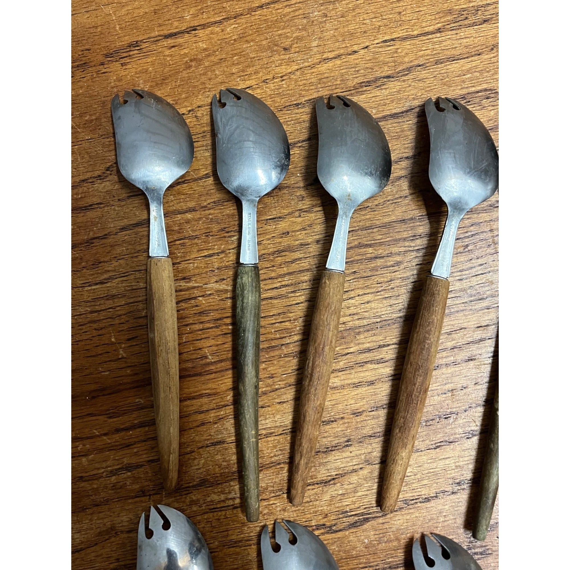 Lot of 8 Vintage MCM Stainless Steel Otagiri Japanese Salad Serving Spoons Wood