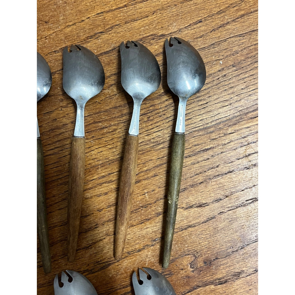 Lot of 8 Vintage MCM Stainless Steel Otagiri Japanese Salad Serving Spoons Wood