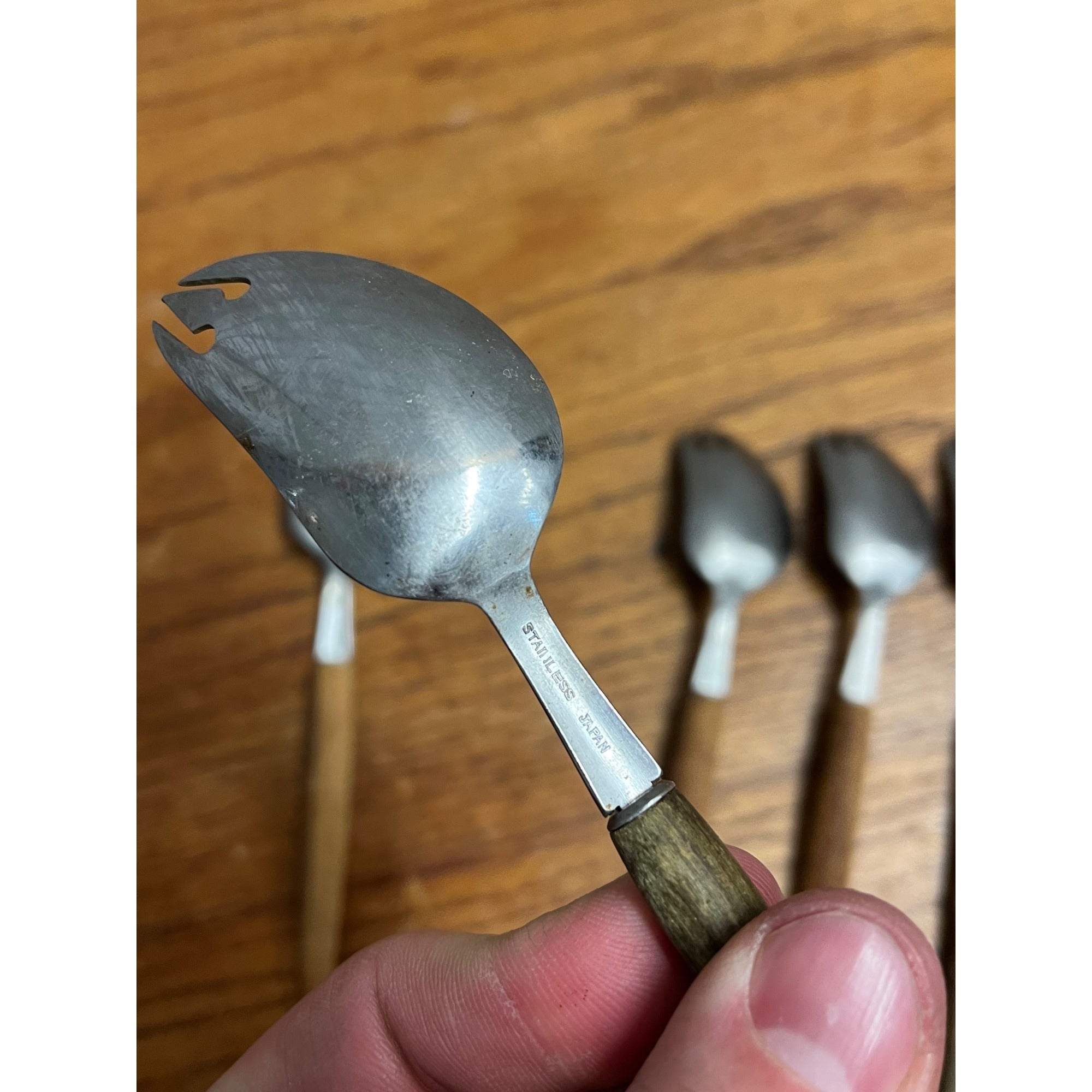 Lot of 8 Vintage MCM Stainless Steel Otagiri Japanese Salad Serving Spoons Wood