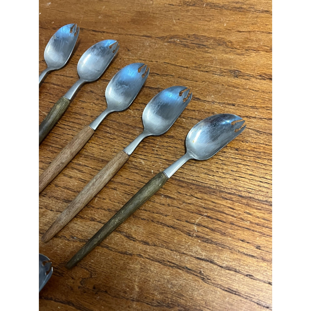 Lot of 8 Vintage MCM Stainless Steel Otagiri Japanese Salad Serving Spoons Wood