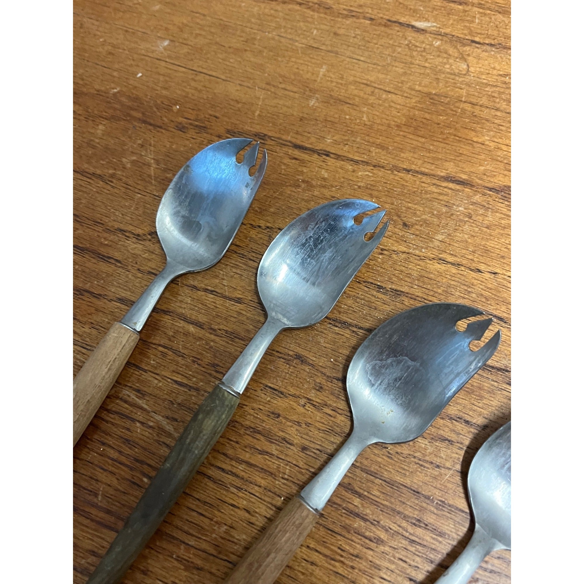 Lot of 8 Vintage MCM Stainless Steel Otagiri Japanese Salad Serving Spoons Wood