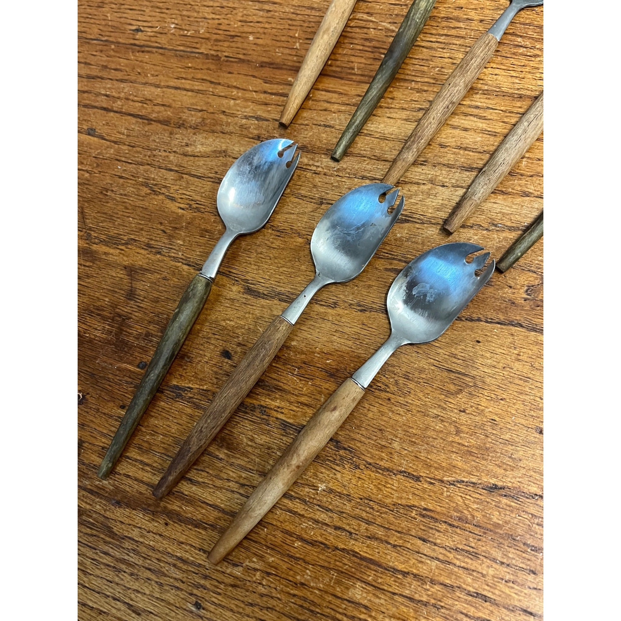Lot of 8 Vintage MCM Stainless Steel Otagiri Japanese Salad Serving Spoons Wood