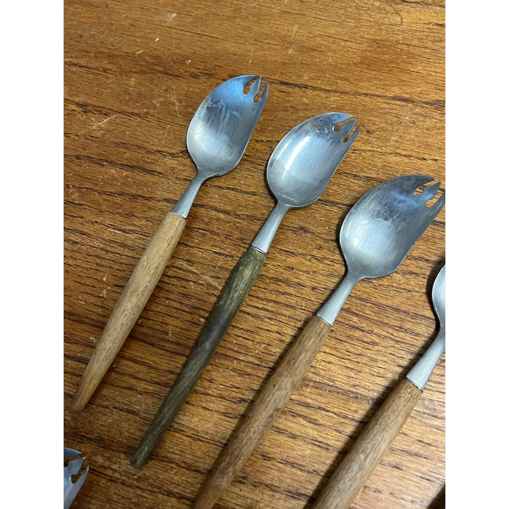 Lot of 8 Vintage MCM Stainless Steel Otagiri Japanese Salad Serving Spoons Wood
