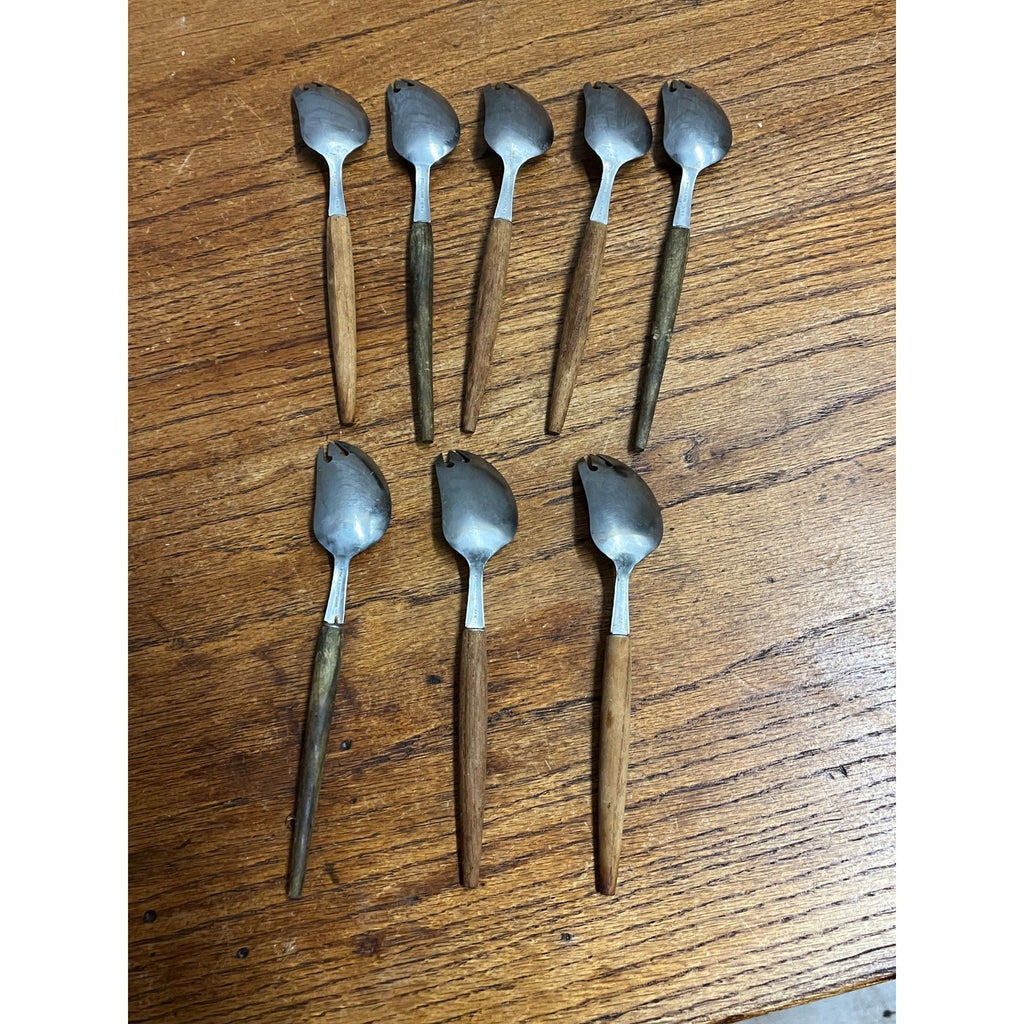 Lot of 8 Vintage MCM Stainless Steel Otagiri Japanese Salad Serving Spoons Wood