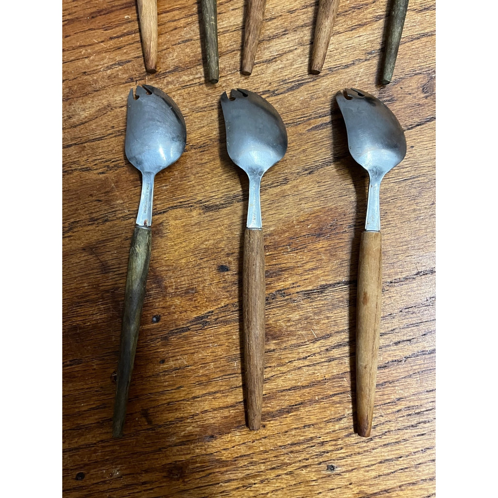 Lot of 8 Vintage MCM Stainless Steel Otagiri Japanese Salad Serving Spoons Wood