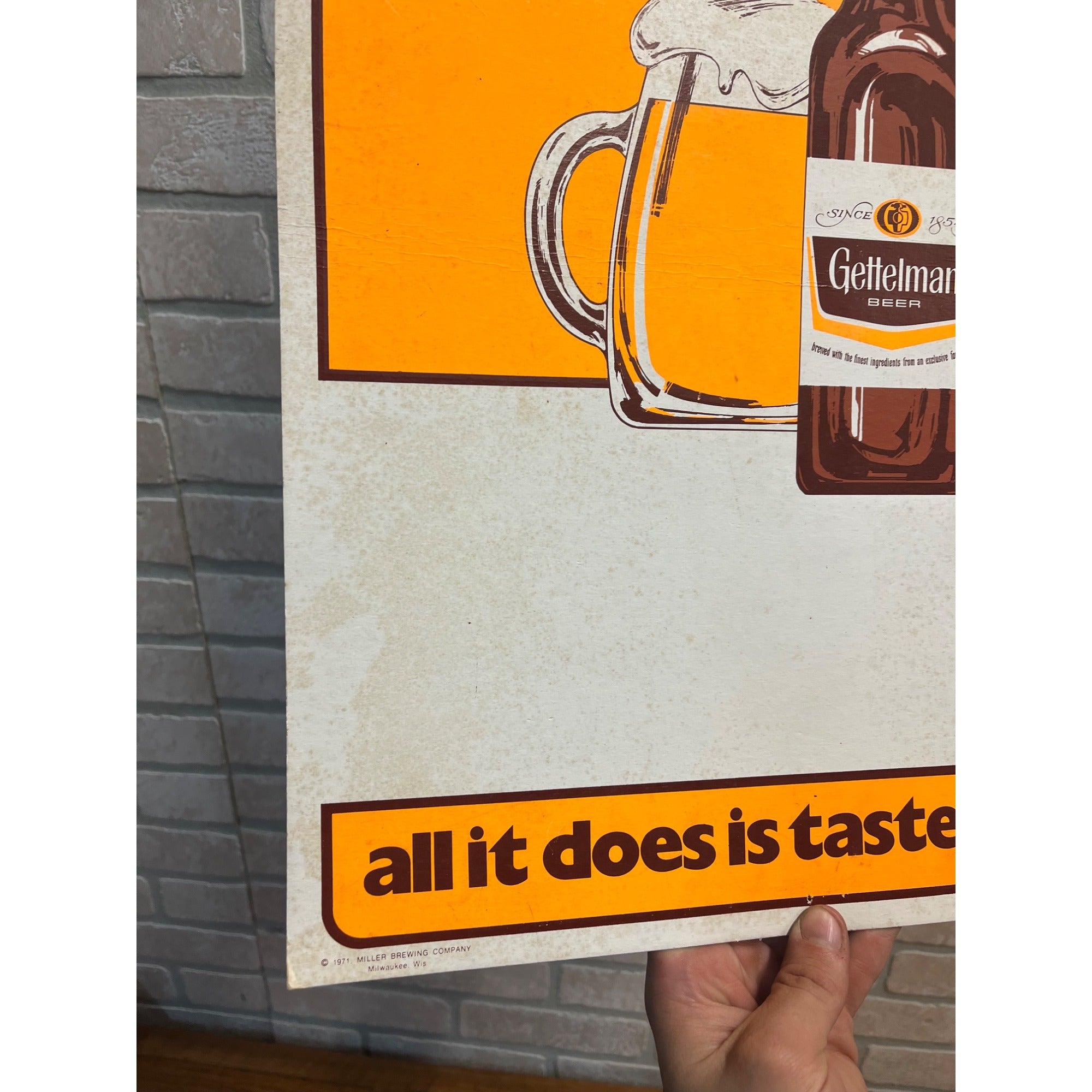 Vintage 1971 Gettelman Milwaukee Beer Cardboard Advertising Bar Sign Miller