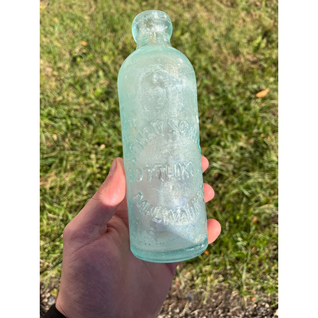 Henry Schinz c1890s Milwaukee Wis Aqua Blue Soda Bottle Blob Top Hutchinson