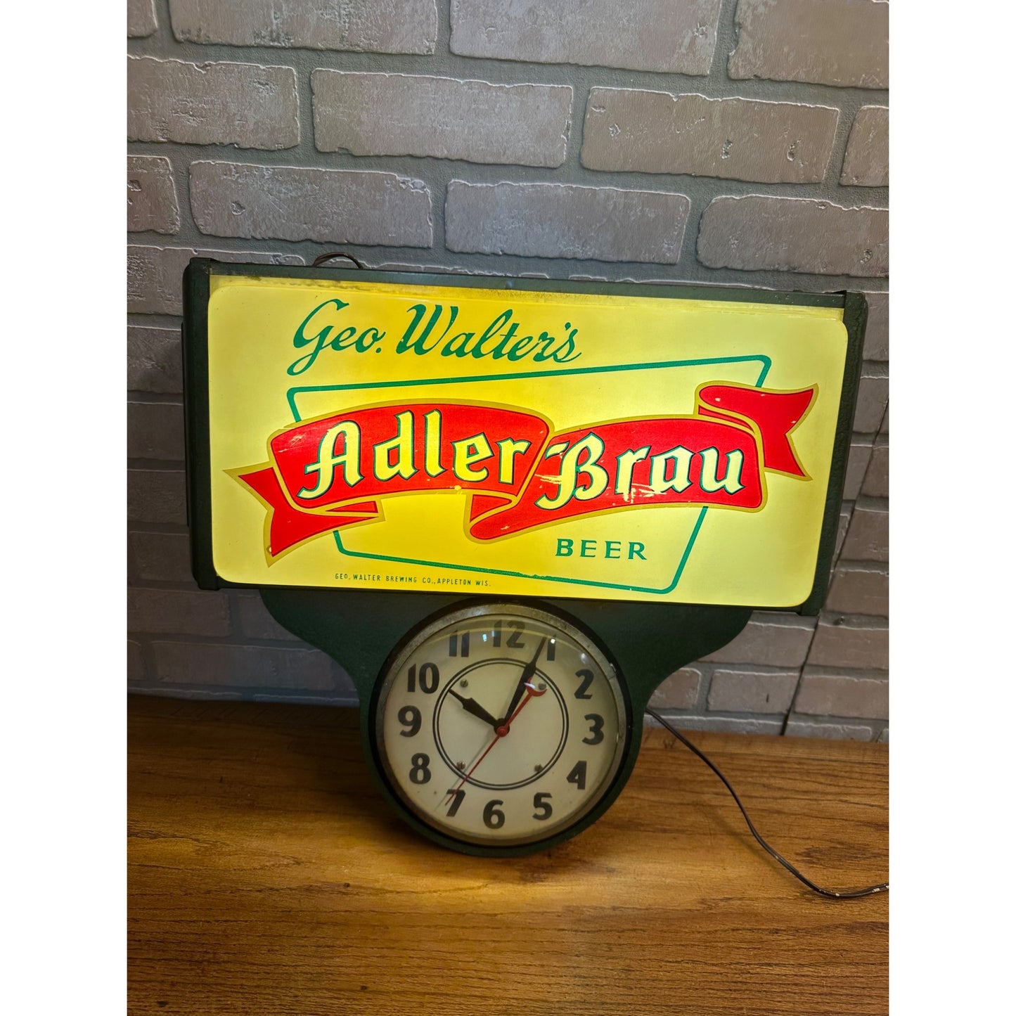 Vintage Adler Brau Geo. Walter's Beer Lighted Advertising Clock Sign Wisconsin WI Wis