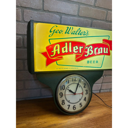 Vintage Adler Brau Geo. Walter's Beer Lighted Advertising Clock Sign Wisconsin WI Wis