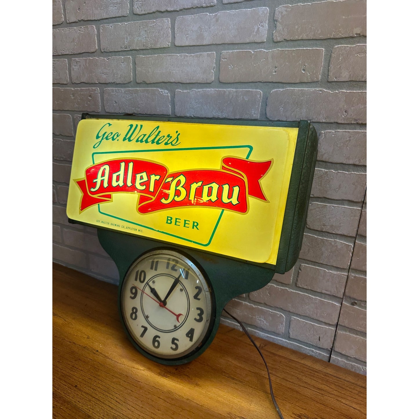 Vintage Adler Brau Geo. Walter's Beer Lighted Advertising Clock Sign Wisconsin WI Wis